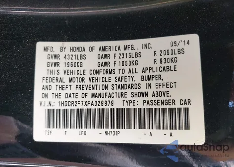2015 Honda Accord Ex from USA, damaged, VIN 1HGCR2F7XFA029979